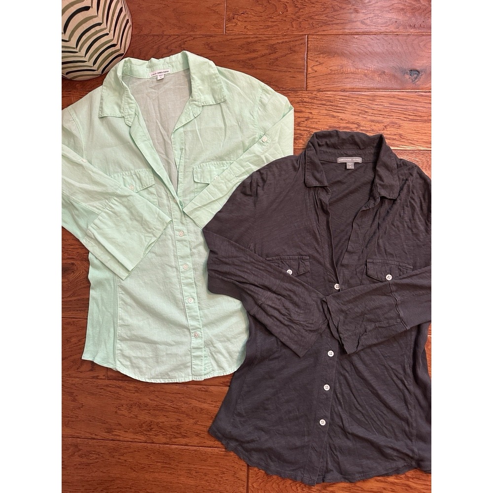 Lot of 2 James Perse Womens Button Down Shirts Sz 3/4 Mint Green Charcoal Gray
